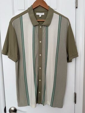 Banana Republic | Short-sleeved Button Polo | Size L | Tan/Green Stripe